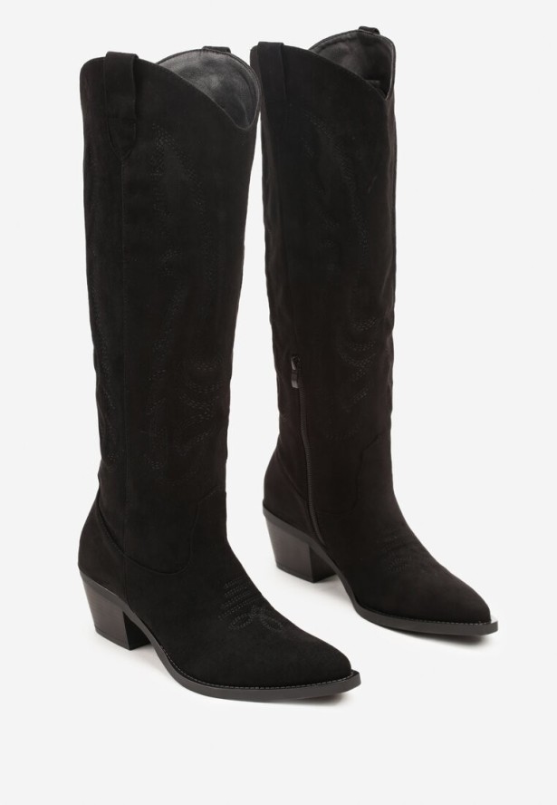 Czarne Kozaki Kowbojki w Klasycznym Stylu z Imitacji Zamszu Lataselia