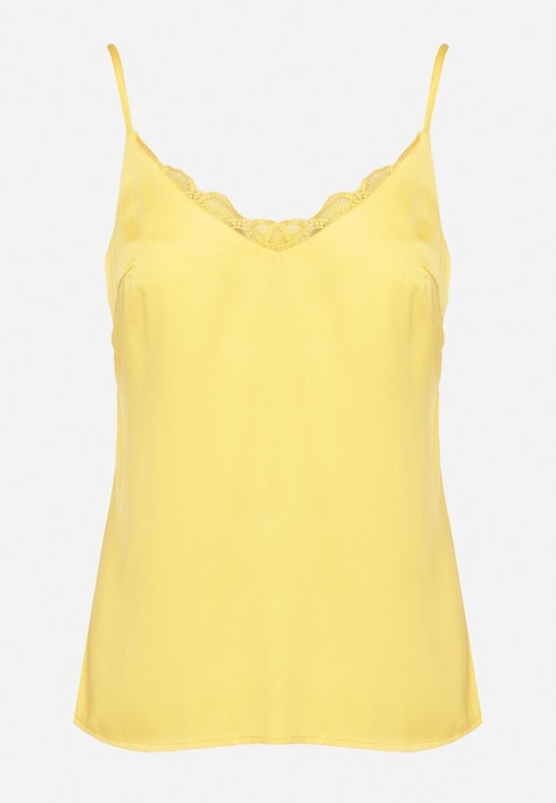 Żółta Bluzka na Ramiączkach z Delikatną Koronką i Wiązaniem Deseniela