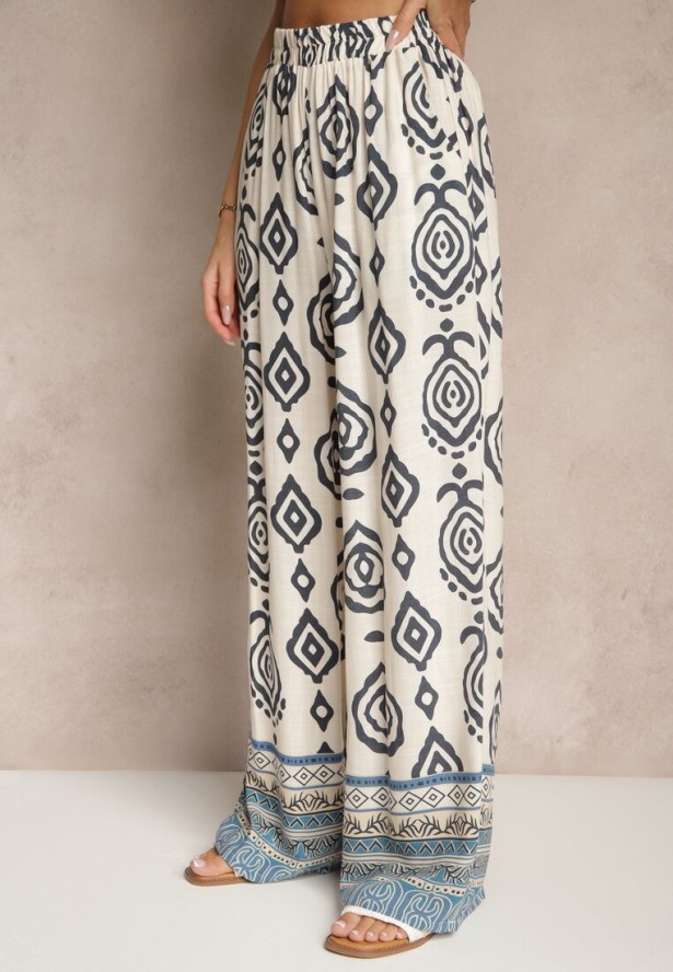 Niebieski Komplet z Wiskozy Luźne Spodnie i Bluzka w Print Boho Ralkio