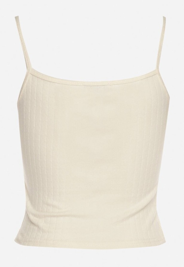 Beżowy Prążkowany Top z Wiskozą na Ramiączkach Zdobiony Kokardką Iffomare