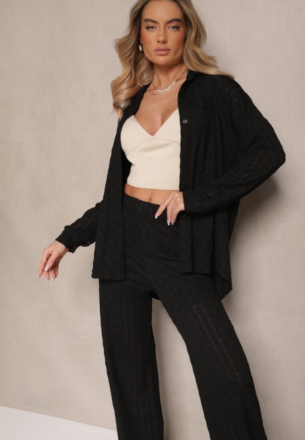 Czarny Komplet z Tłoczonego Materiału Koszula Oversize i Spodnie Taccaria