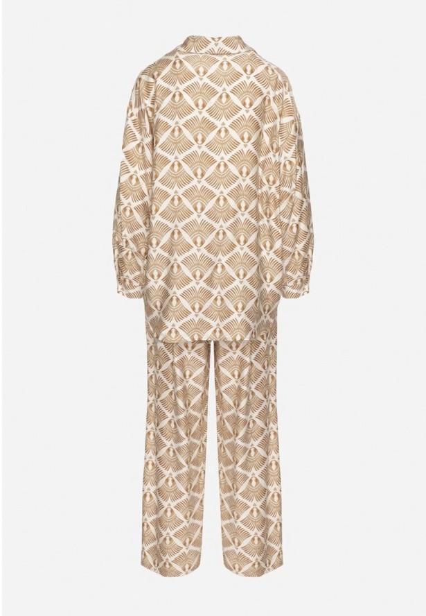 Beżowo-Brązowy Wiskozowy Komplet w Etniczny Wzór Koszula i Spodnie Desaviana