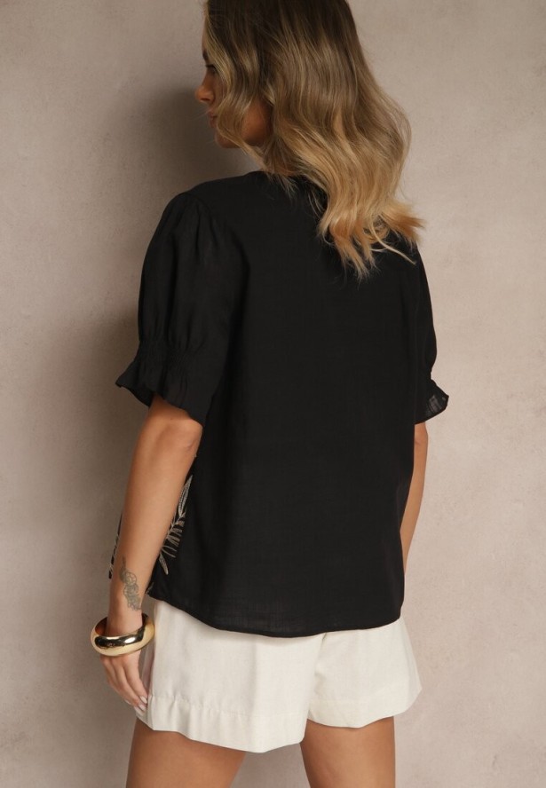 Czarna Koszula z Bawełny Ozdobiona Haftem i Srebrną Nicią Wilaravia