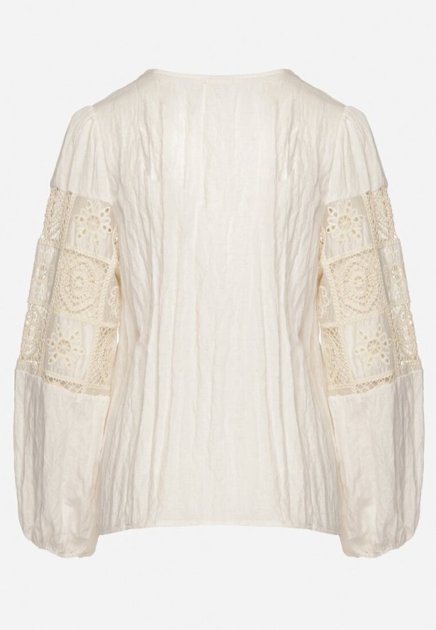 Beżowa Bawełniana Koszula z Bufiastymi Rękawami z Haftem i Koronką Meledis