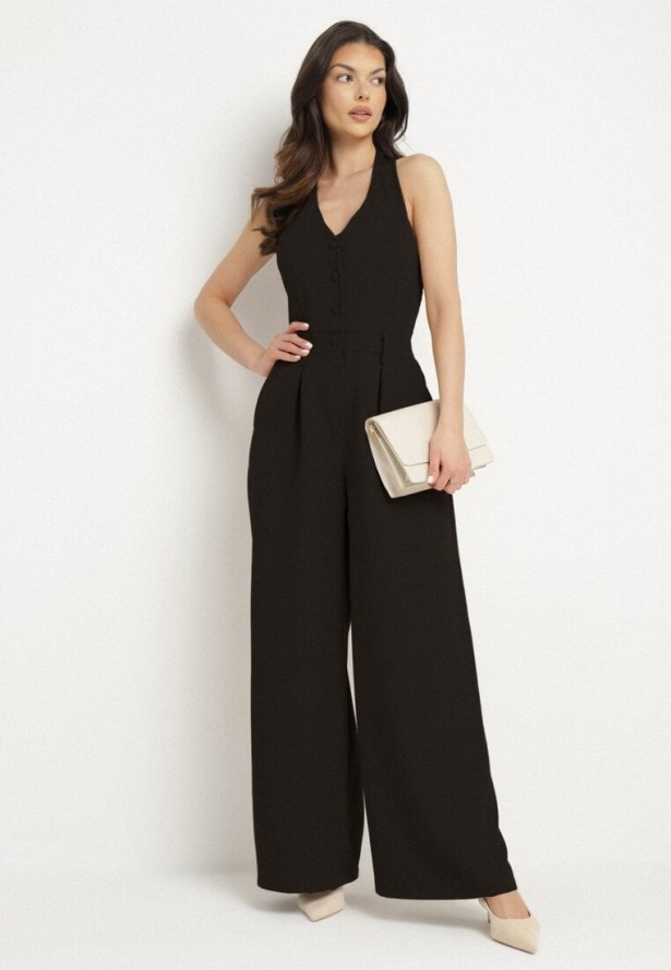 Czarny Kombinezon Taliowany Ozdobiony Guzikami Niladwenna