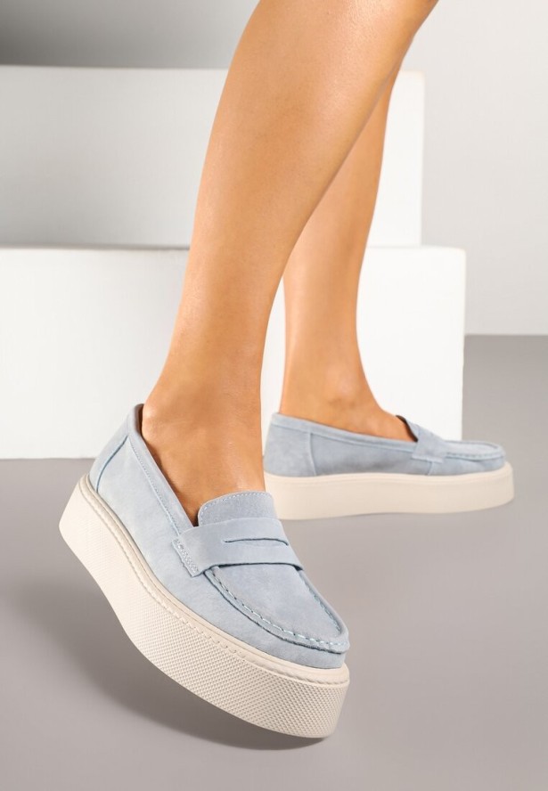 Niebieskie Skórzane Półbuty Mokasyny na Grubej Podeszwie Sadelise