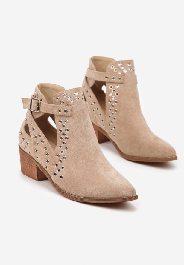 Beżowe Botki Kowbojki Vices na Obcasie Ozdobione Wycięciem i Metalicznymi Wstawkami Nelori