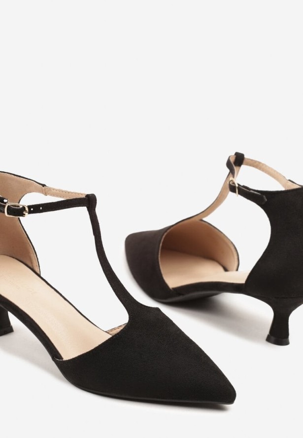 Czarne Czółenka na Kaczuszce ze Szpiczastym Noskiem i Ozdobnymi Paskami Liliora