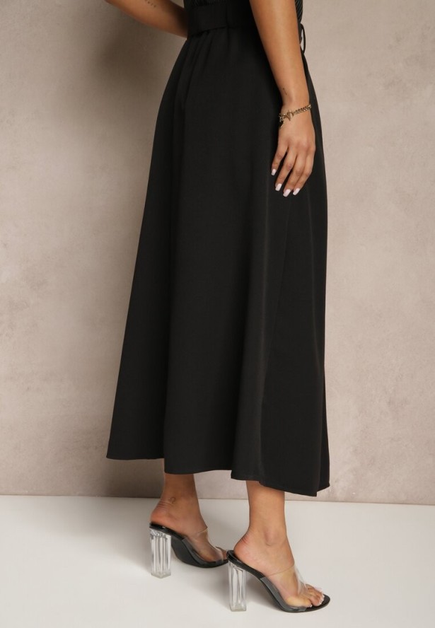 Czarna Spódnica z Wiskozą o Rozkloszowanym Kroju z Paskiem i Gumką w Talii Prianna