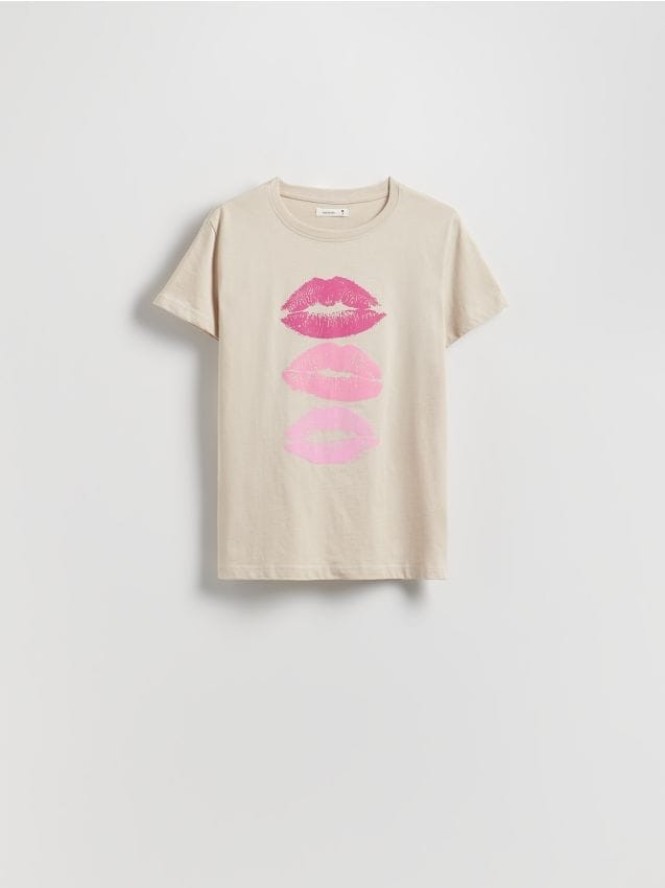 Bawełniany t-shirt z nadrukiem - beżowy