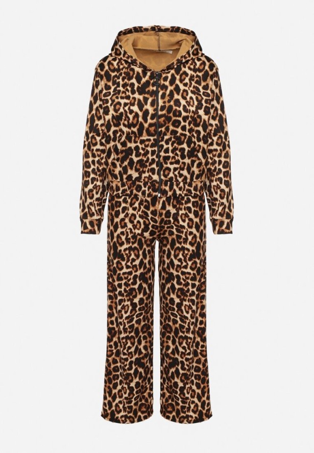 Brązowy Komplet Dresowy w Panterkę Bluza z Kapturem i Szerokie Spodnie Virhiris