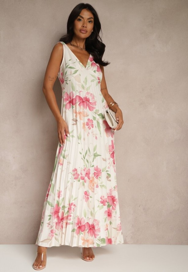 Beżowa Plisowana Sukienka o Rozkloszowanym Fasonie na Szerokich Ramiączkach Nitanela