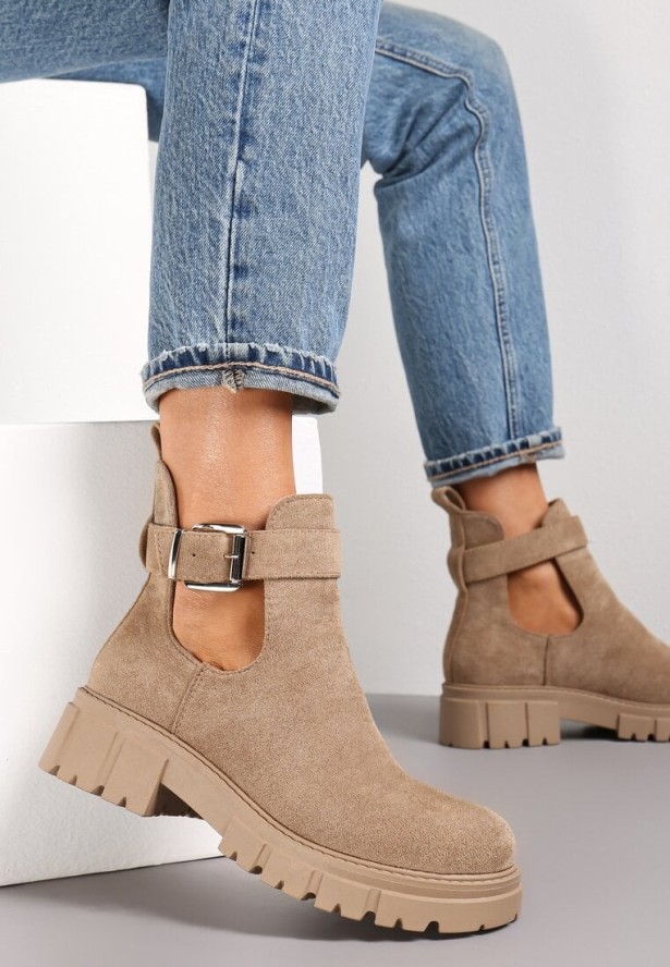 Ciemnobeżowe Botki z Wycięciem na Grubej Podeszwie Vere