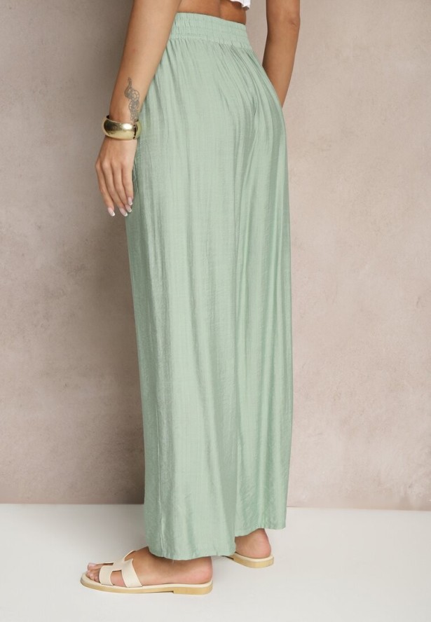 Miętowe Spodnie Typu Palazzo o Szerokim Kroju High Waist Ozdobione Wiązaniem Yaslevia