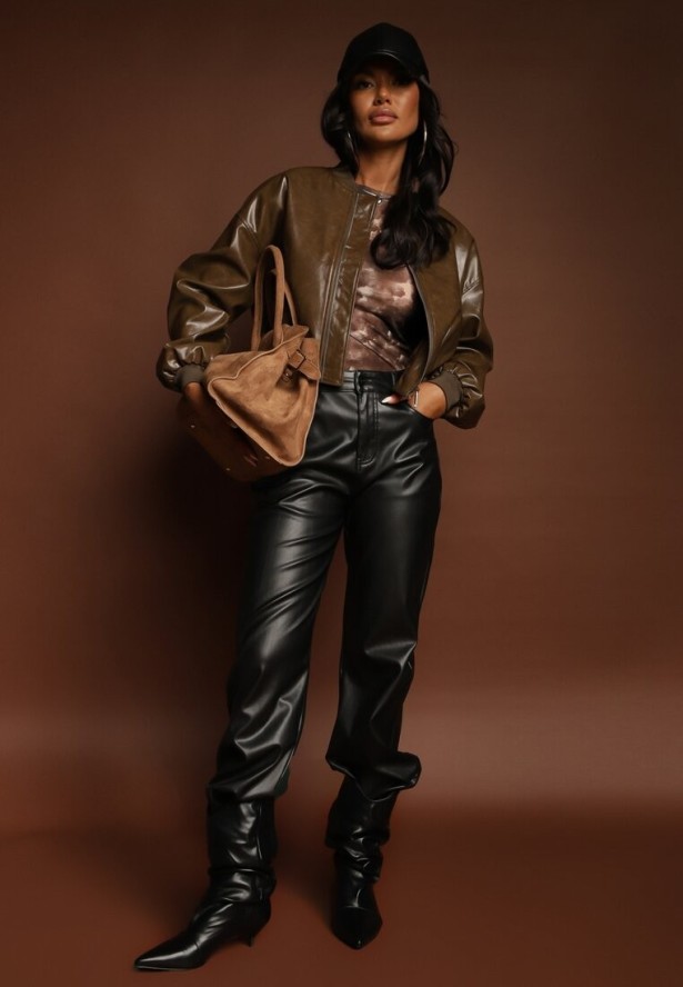 Brązowa Kurtka Bomberka z Wiskozą z Imitacji Skóry Erivessa