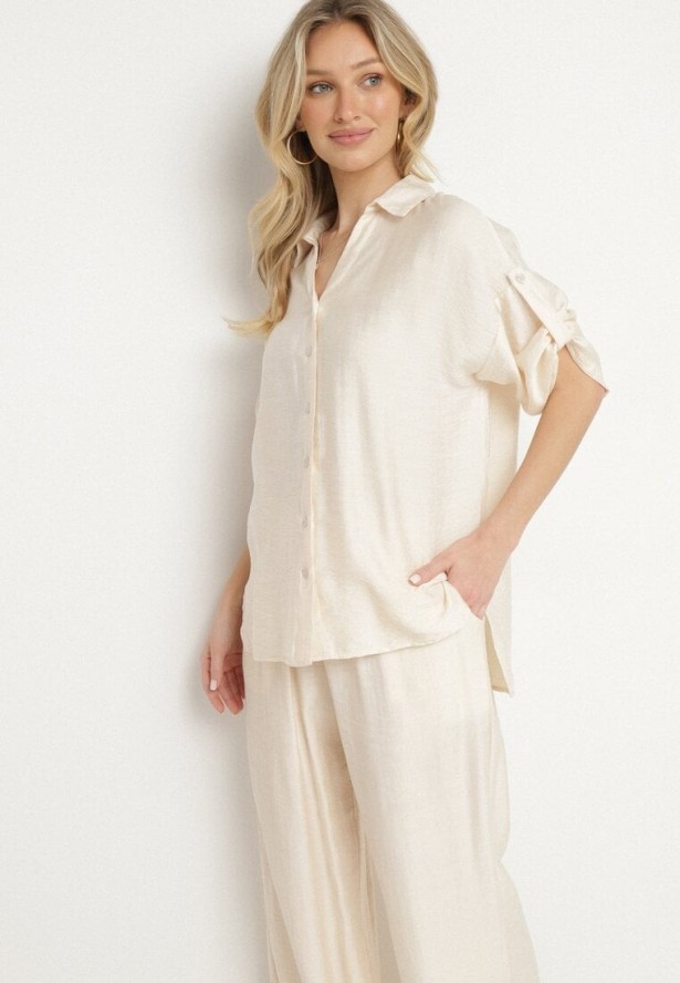 Jasnobeżowy Komplet z Wiskozy Koszula z Podpinanymi Rękawami i Szerokie Spodnie Dormoi