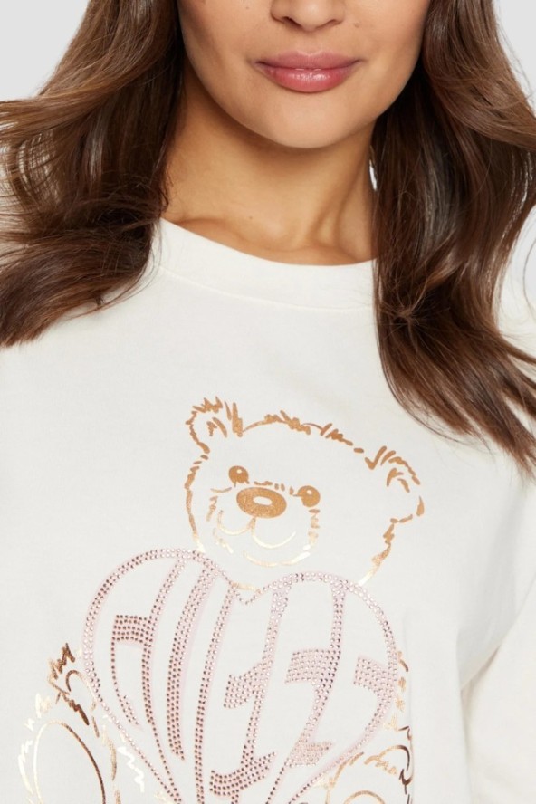 GUESS Beżowy t-shirt damski Bear Boxy, Rozmiar M