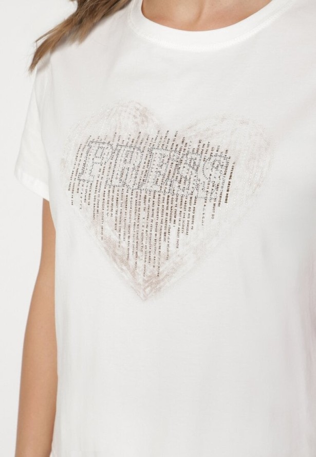 Biała Bawełniana Bluzka z Napisem i Cyrkoniowym Sercem Marilys