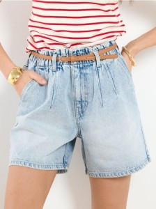 Szorty jeansowe paperbag z paskiem - niebieski