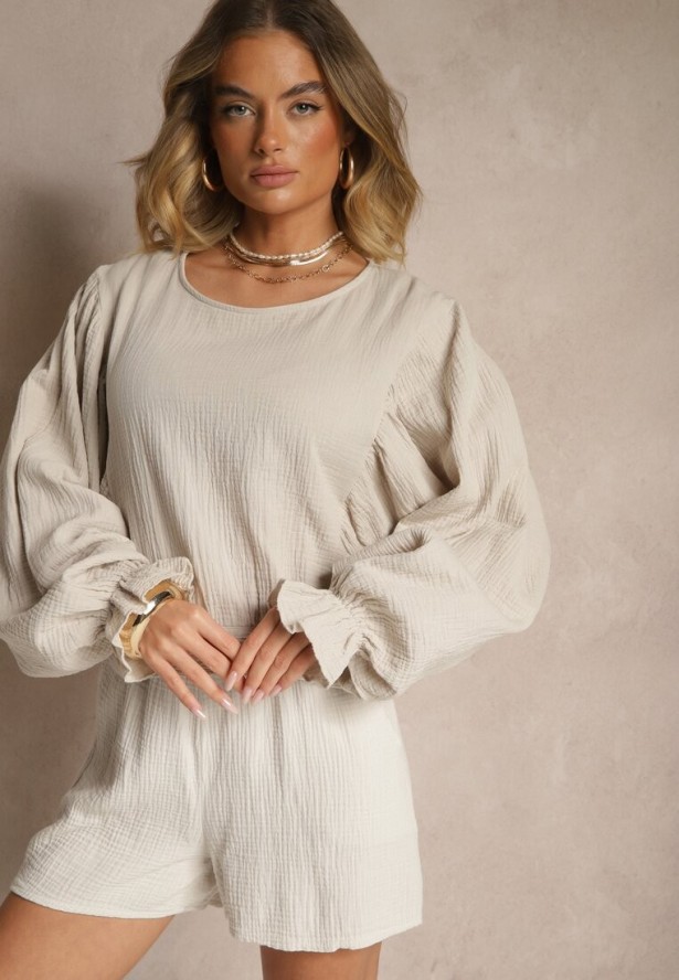 Beżowa Bawełniana Bluzka Typu Nietoperz z Wiązaniem Sepionna