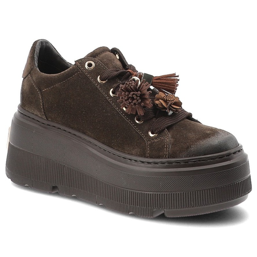 Sneakersy damskie Chebello, ze skóry naturalnej z cholewką o zamszowym wykończeniu i ozdobnymi frędzlami przy sznurowaniu, brązowe, 5002_-268-000-PSK