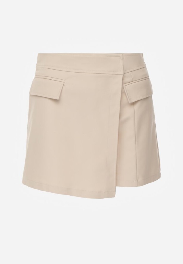 Beżowe Asymetryczne Spódnico-Szorty z Bawełną i Imitacją Kieszeni Tinabel