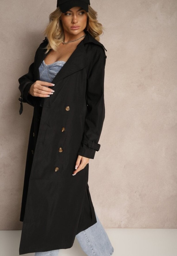 Czarny Płaszcz o Wydłużonym Fasonie Trencza z Guzikami i Paskiem Dennime