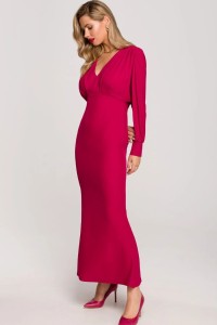 Długa wieczorowa sukienka rybka z bufiastymi rękawami śliwkowa