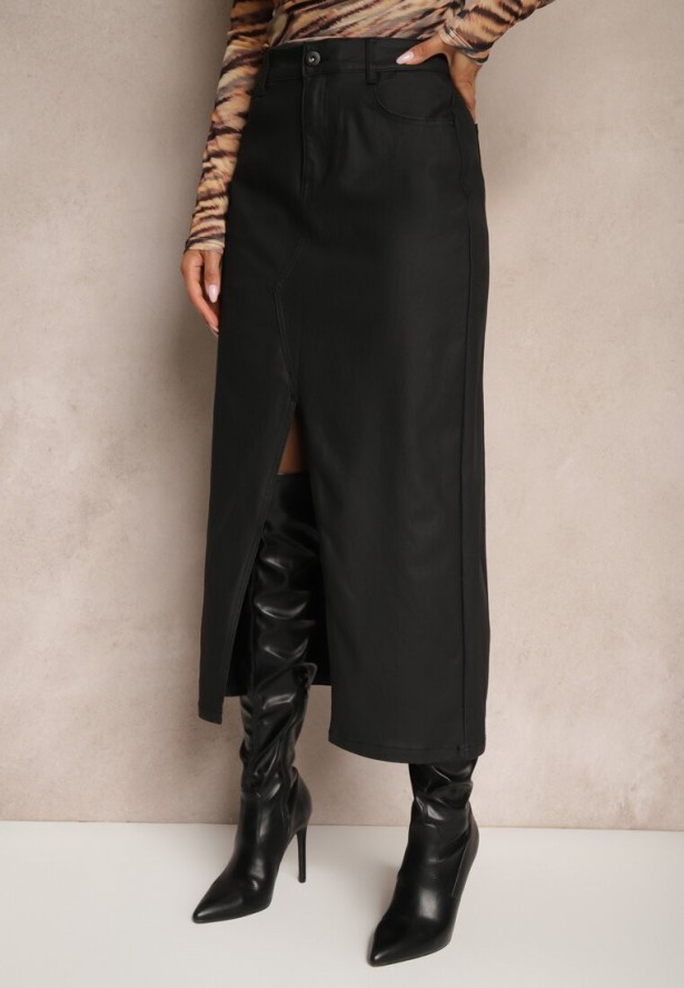 Czarna Midi Spódnica High Waist z Guzikiem i Kieszeniami oraz Suwakiem Navitta