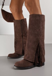 Brązowe Kozaki Ozdobione Frędzlami i Wywiniętą Cholewką Reilevia