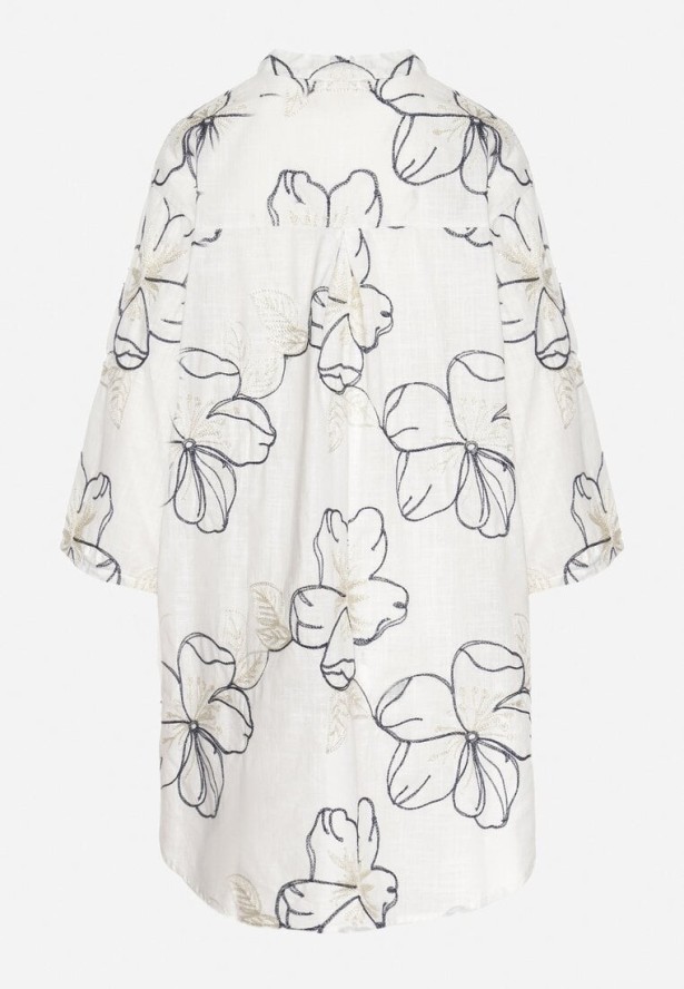 Biało-Granatowa Koszula o Kroju Oversize z Podpinanymi Rękawami Zdobiona Haftem Folirella