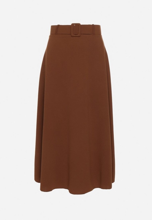 Brązowa Gładka Spódnica Maxi z Gumką w Pasie i Klamrą Orirsa
