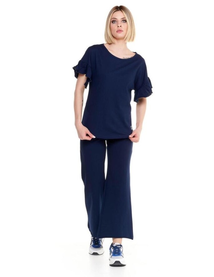 Błyszcząca damska koszulka z krótkim rękawem i falbaną