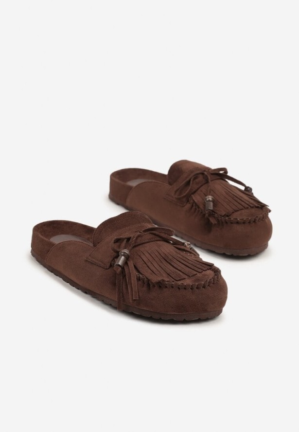 Ciemnobrązowe Klapki Ozdobione Kokardą i Frędzlami Felindrise