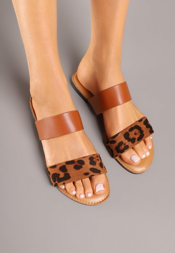 Panterkowe Minimalistyczne Klapki na Płaskiej Podeszwie z Podwójnym Paskiem Dorese