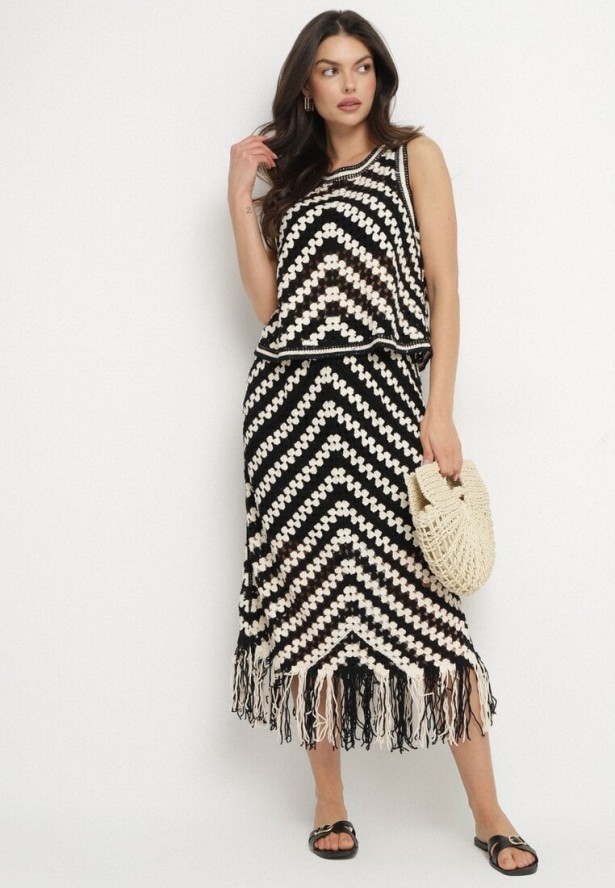 Czarna Ołówkowa Spódnica z Bawełną z Frędzlami Zimarelle