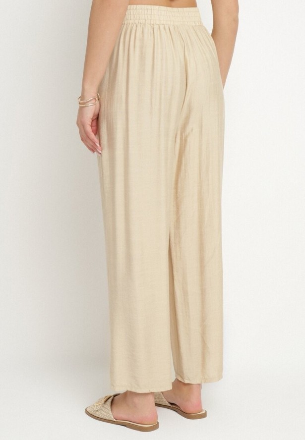 Beżowe Szerokie Spodnie Palazzo z Wysokim Stanem i Wiązaniem Myrlevia
