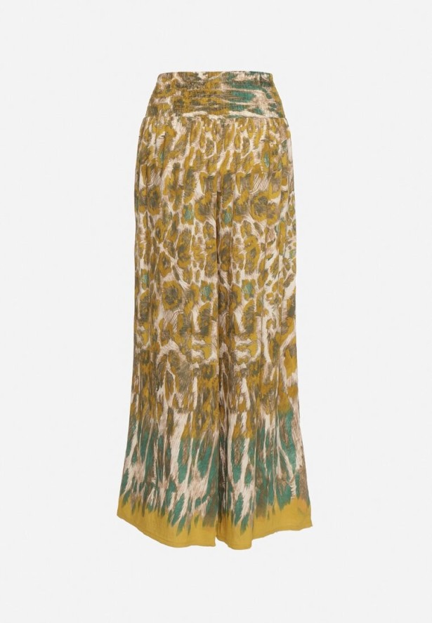 Beżowo-Żółte Wiskozowe Spodnie o Szerokim Kroju z Wysokim Stanem Ellivana