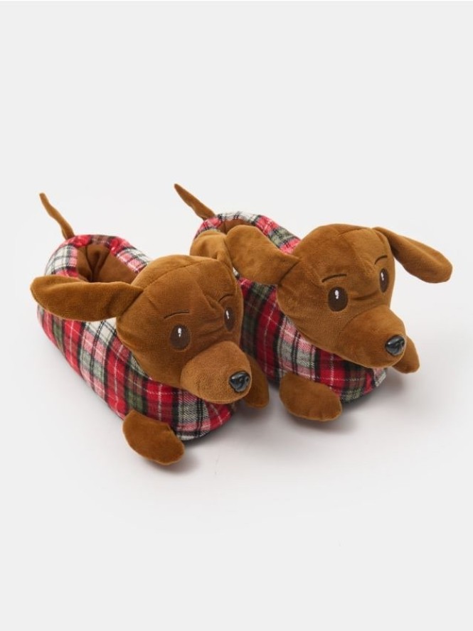 Miękkie kapcie z motywem psa - brązowy