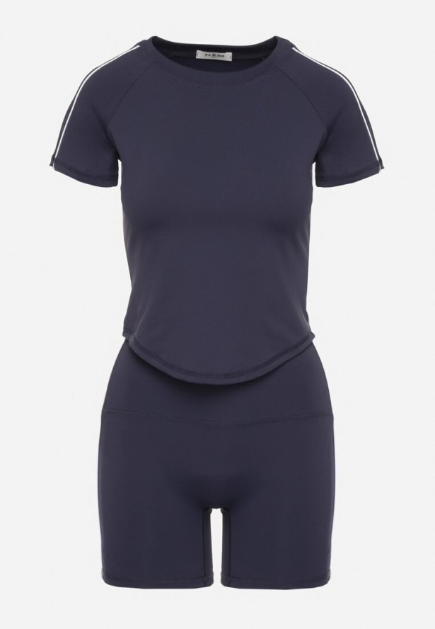 Granatowy Komplet Sportowy T-shirt i Szorty z Ozdobnym Lampasem Zorettia
