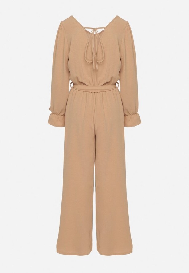 Beżowy Długi Kombinezon z Gumką w Pasie Wiązany na Plecach Kailanis