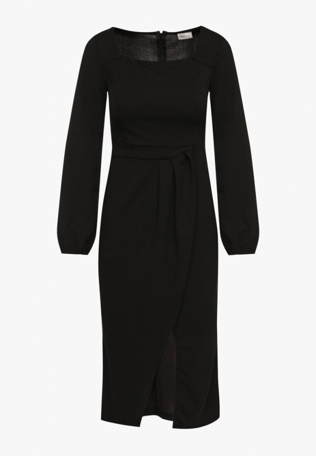 Czarna Koktajlowa Sukienka z Kopertowym Dołem i Ściągaczami przy Rękawach Felilena