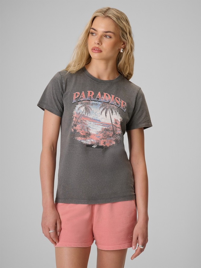 4F T-shirt regular z nadrukiem damski - szary L