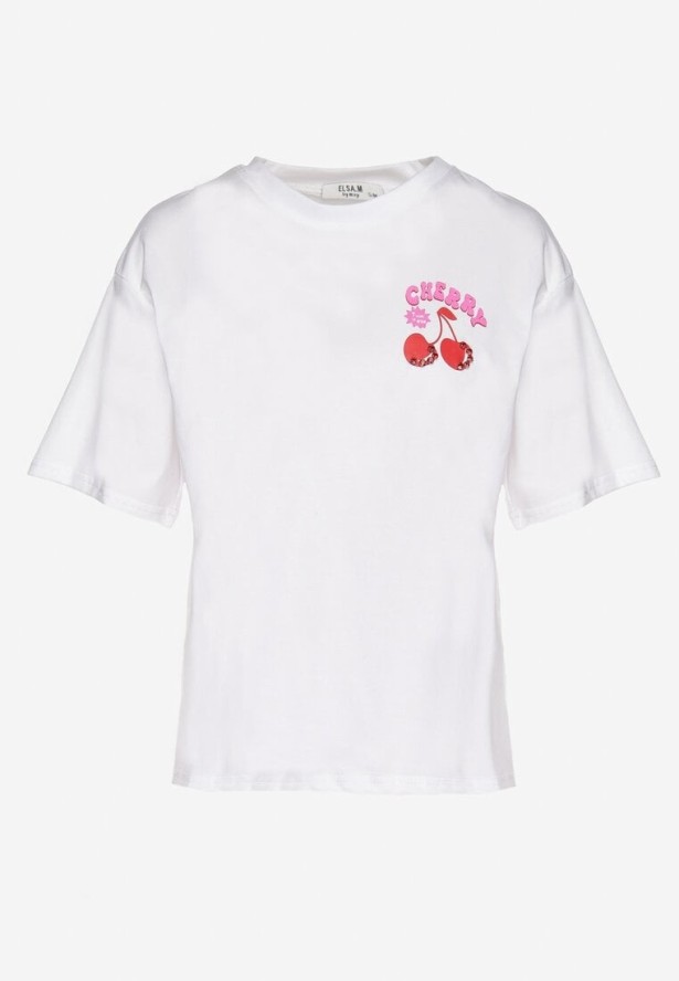 Biały T-shirt z Bawełną Cyrkoniami i Motywem Wiśni Linmira