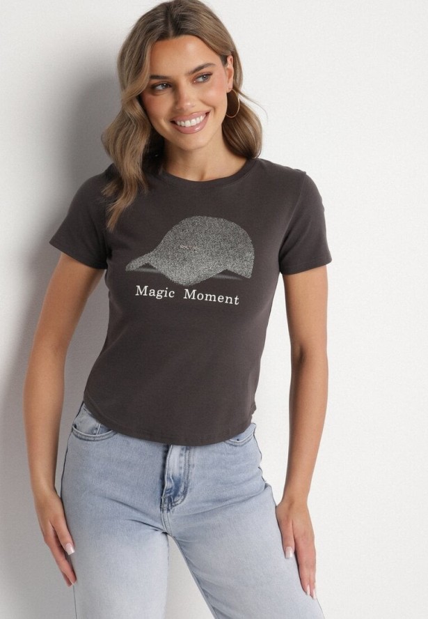 Ciemnoszary T-shirt z Bawełny z Nadrukiem Czapki i Cyrkoniami Penilna