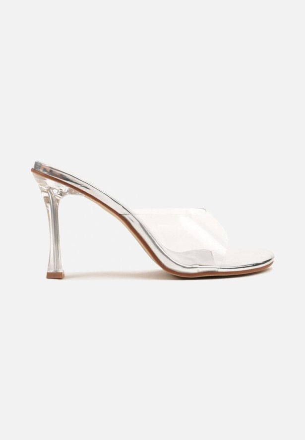 Srebrne Klapki na Szpilce z Transparentnym Obcasem i Paskiem Korimara