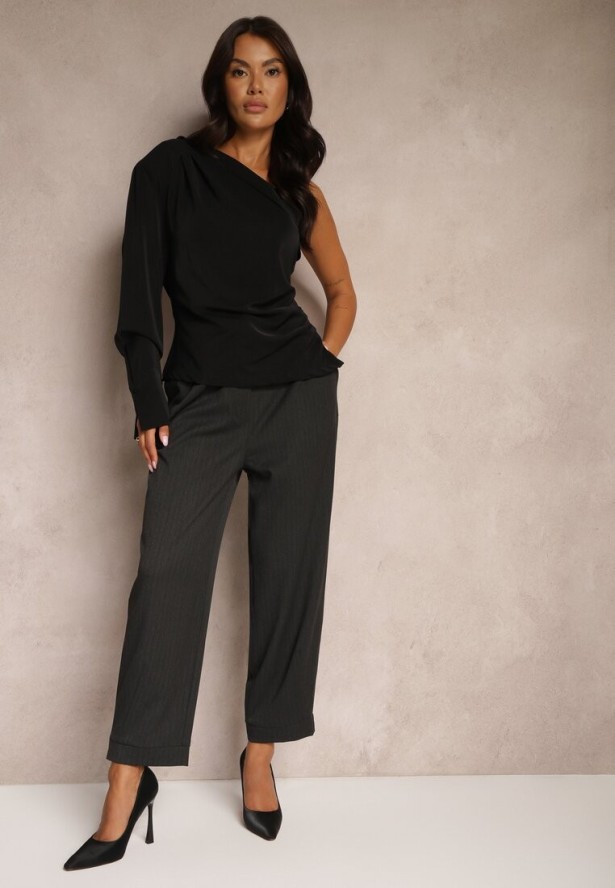 Ciemnoszare Garniturowe Spodnie o Szerokich Nogawkach Lekko Prążkowane High Waist Belbanne