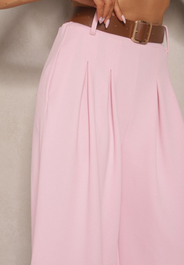 Różowe Spodnie o Szerokim Kroju High Waist Ozdobione Paskiem Rasalle