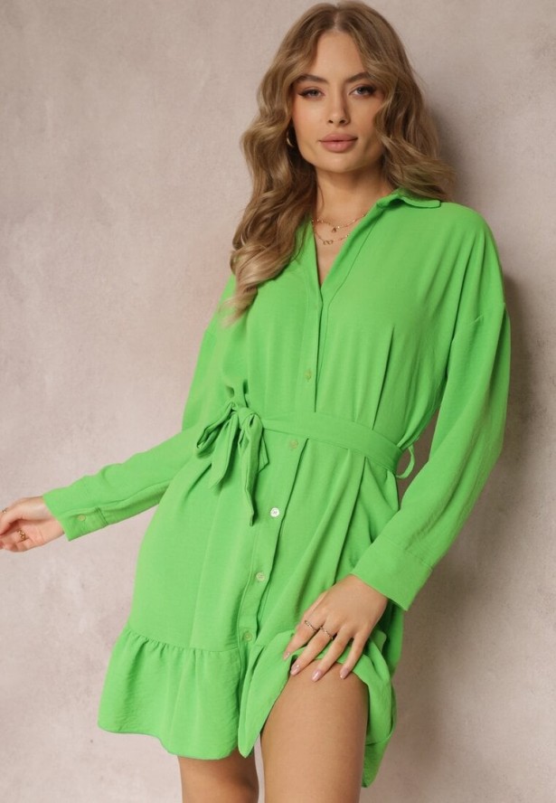 Zielona Sukienka Koszulowa z Falbanką i Wiązanym Paskiem Neitra