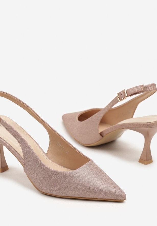 Szampańskie Brokatowe Sandały na Obcasie Typu Klepsydra z Noskiem w Szpic Rensira